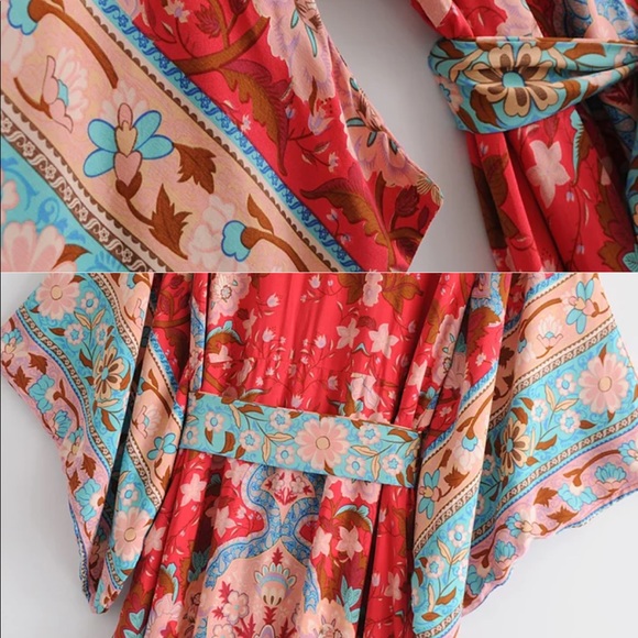 Bohemian Red Floral Gypsy Kimono Long Maxi Dress - Picture 13 of 16